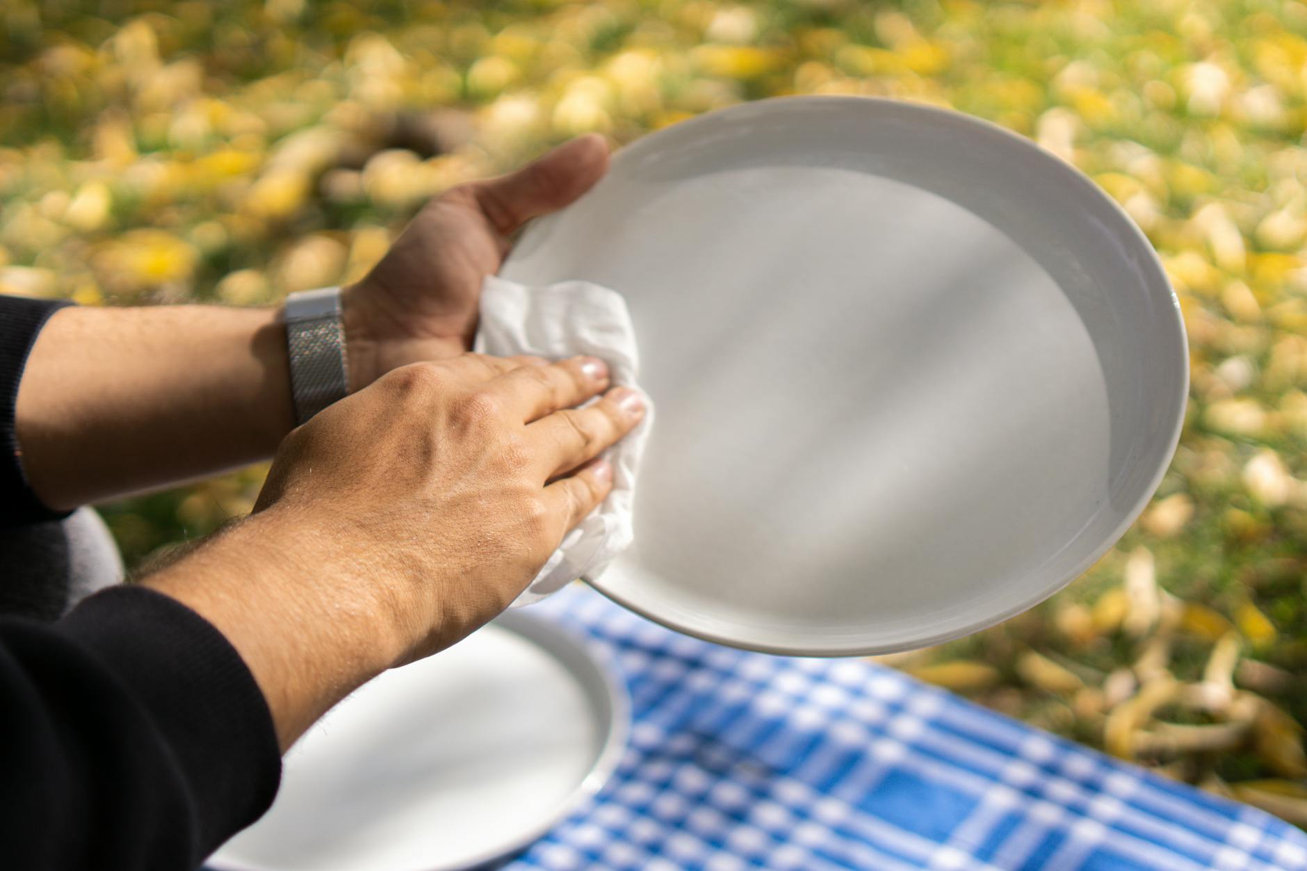 Close-up of hands cleaning a white plate outdoors on a picnic blanket with fallen leaves.