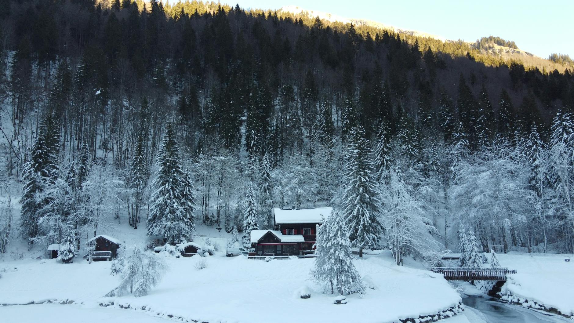 A picturesque winter scene in Montriond, France with snow-covered trees and a cabin.